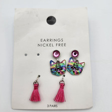 Cat  Jack Earrings 2 PR cat Rhinestone and Tassel Multicolor and Pink