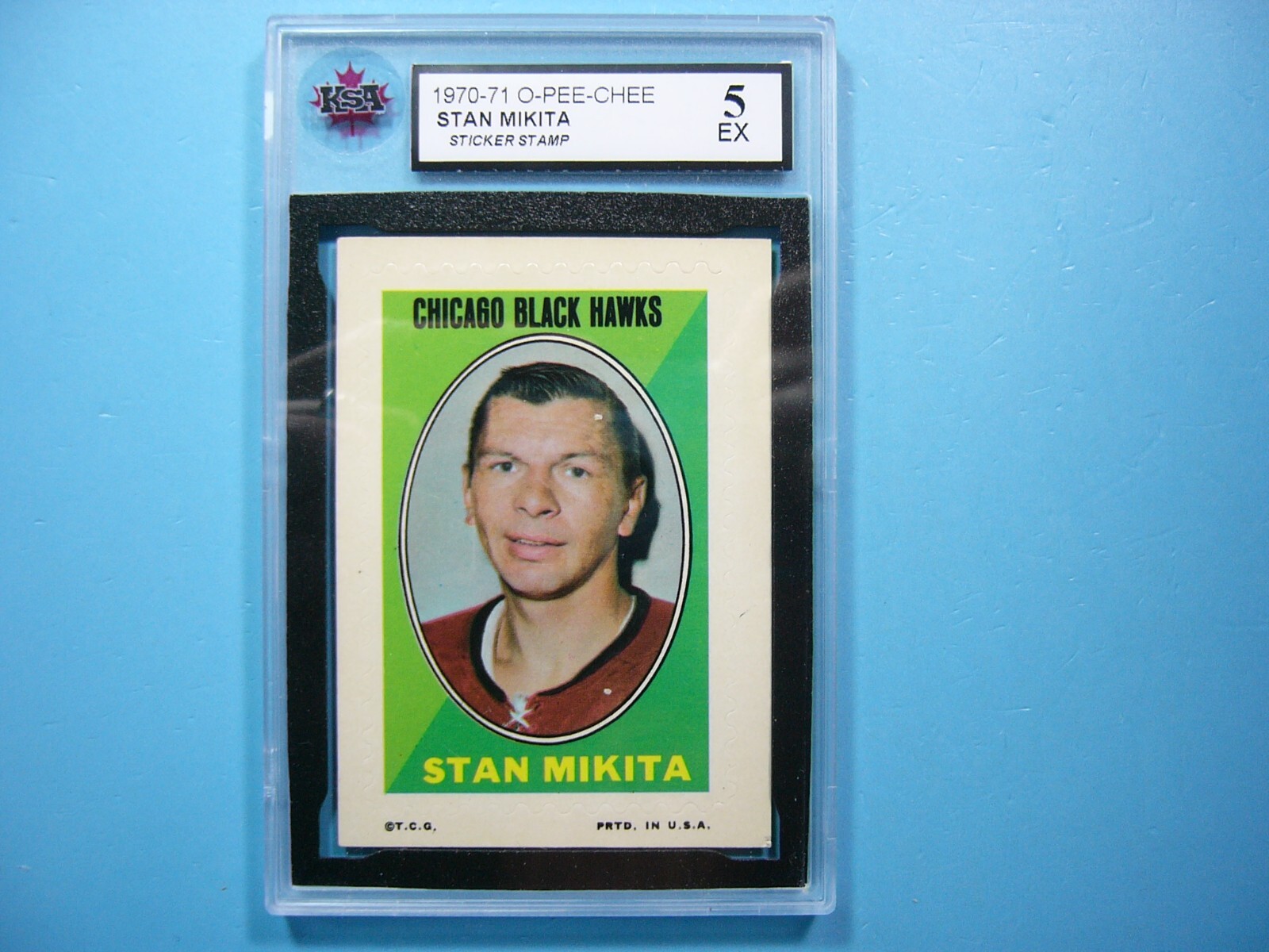 1970-71 Topps O-Pee-Chee Stan Mikita Sticker Stamp Insert KSA 5 EX Sharp OPC Hockey Card
