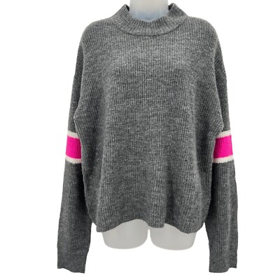 John Jenn Varsity Stripe Gray Pink Mock Neck Pullover Sweater