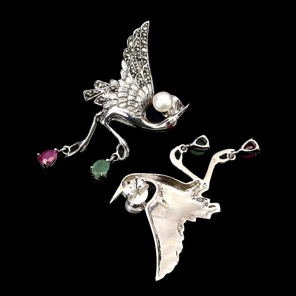 925 Sterling Silver Earrings Oval Ruby Emerald Pearl Natural Gemstone Jewelry - Image 3 of 4