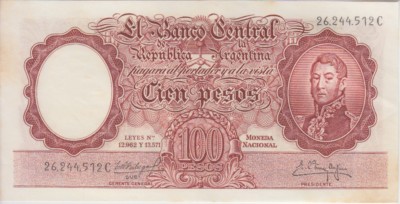 Argentina P272c-Col. 497e100 Pesos Sfx C,1962 sig Fabregas-Mendez Delfino, EF