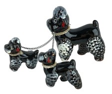 Ceramic Chained Figurine Set Mother 2 Puppies Black Poodles Redware Japan