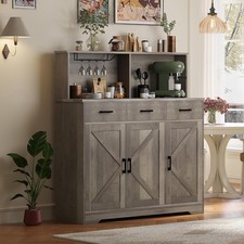 Farmhouse Kitchen Storage Cabinet w/ Barn Doors, Microwave Stand,3 Drawers, Grey