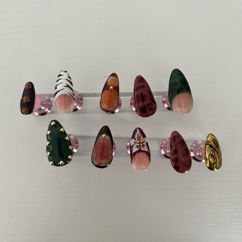 Multicolor 3D Nature Almond Long Press-On Nails, Pre-Designed Nail Art