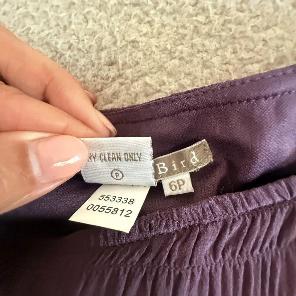 Vestido Isabella Bird para mujer 6P púrpura seda arrugado midi manga campana texturizado Foto 4 de 4