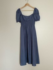 NEW Reformation Adler Linen Midi Smocked Puff Sleeve Dress Cornflower Blue US 4