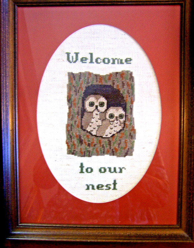 Vintage Framed Welcome Cross Stitch - Two Owls "Welcome To Our Nest" Wall Decor