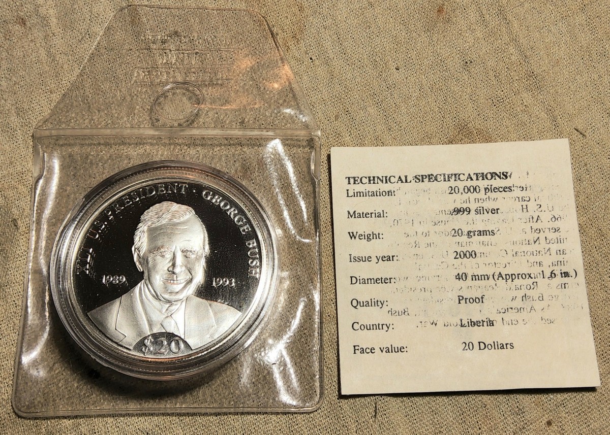 999 SILVER 2000 LIBERIA $20 COIN AMERICAN MINT PRESIDENT GEORGE