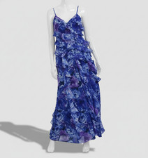 Eliza J Women's Blue Printed Ruffle Trim Sleeveless Maxi Dress Size 4