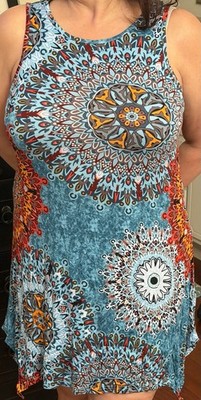 Popyoung Dress Size M Floral Stretch Short Sleeve Mandala Print Boho Summer Midi