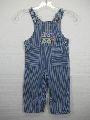 Vintage 80s 90s Carters Hickory Stripe Overalls Baby Boy 24 Months Train