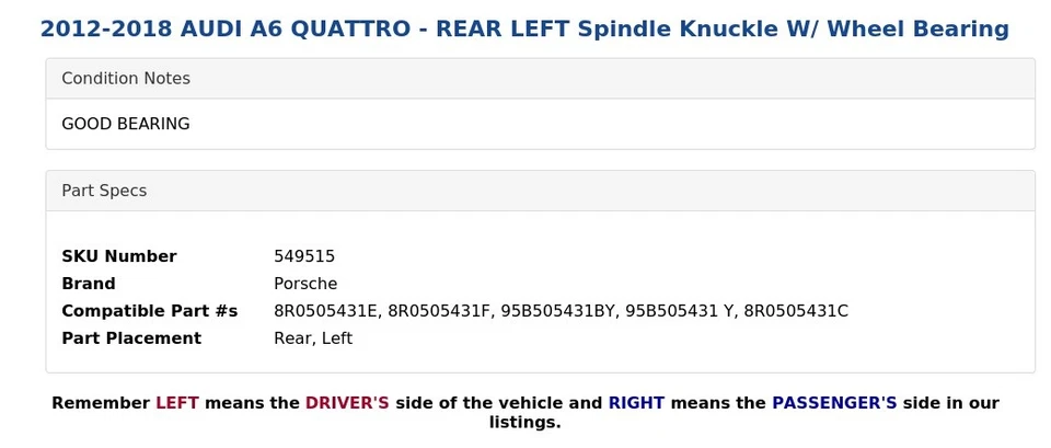 AUDI A6 QUATTRO 2012-2018 - Nudillo de husillo trasero izquierdo con cojinete de rueda Foto 4 de 4