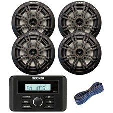 Kicker KMC3 Marine Bluetooth Stereo Receiver, 4x 6.5" 150W Black Speakers, Wire