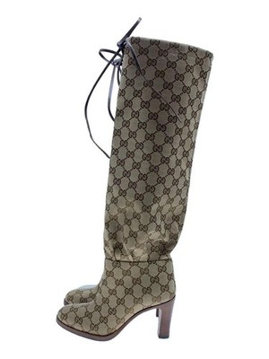 GUCCI Boots Heel Long GG Canvas Beige EU34 US4 Japan F/S USED