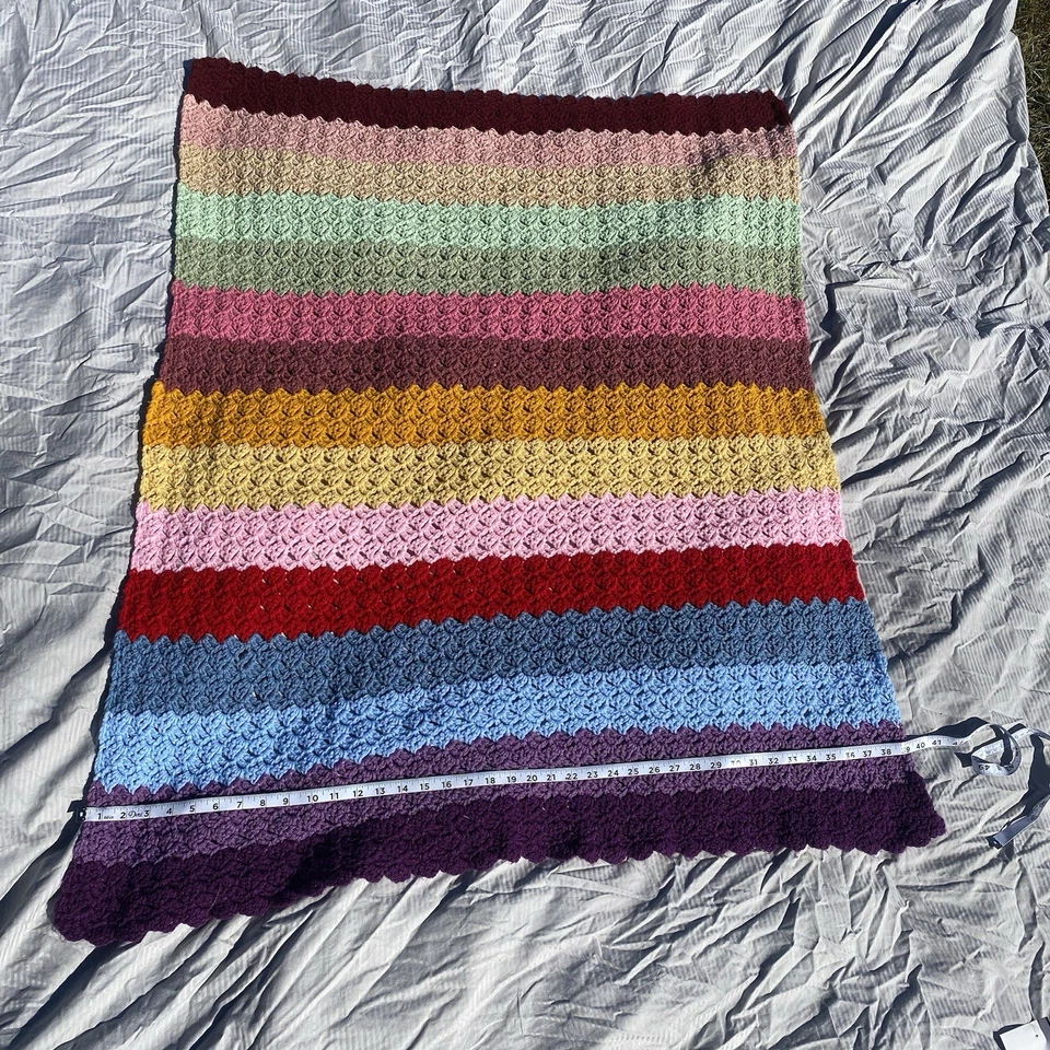 Manta boho tejida a mano crochet diseño chevron afgano colorido vintage años 70 Foto 2 de 2