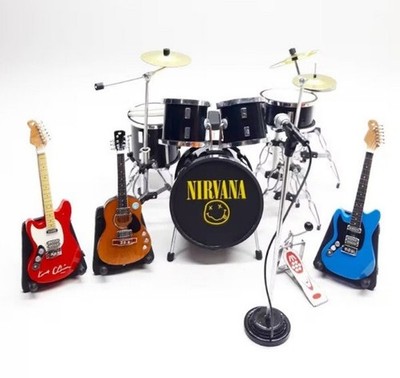 1/12 Miniature Drum Set Nirvana Style Black + 3 Guitars & Mic Gift Display Prop