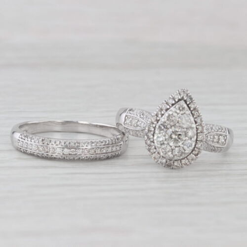 1.43ctw Diamond Pear Halo Engagement Ring Wedding Band Set 10k White Gold Sz 11 - Picture 2 of 11