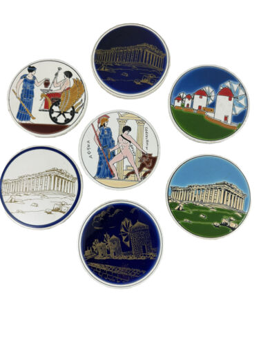 Pandora Greek Coasters 3.5" Parthenon Colorful Hand Painted Circular Set 7 Vtg - Picture 1 of 10