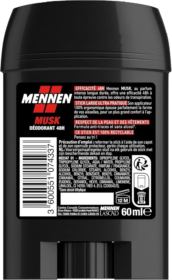 Lot 3 Déodorants Mennen MUSK 24H Stick Large Sans Alcool Anti-Traces 3 x 60ml - Photo 4/4
