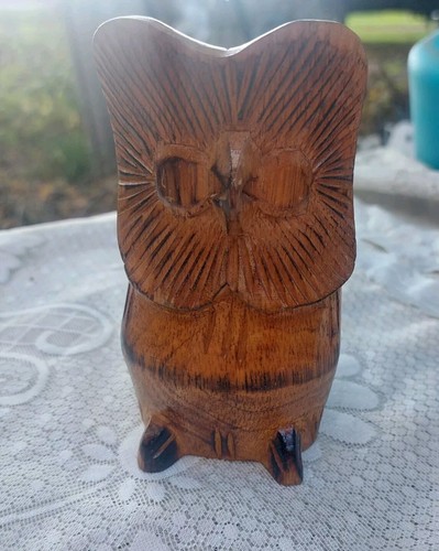 Vintage Owl Folk Art Wood Hand Carved Sculpture Statue Brown - Picture 4 of 13