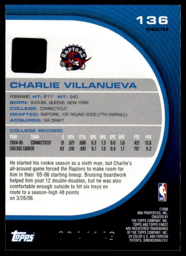 2005-06 Finest #136 Charlie Villanueva BASKETBALL Toronto Raptors - Picture 2 of 2