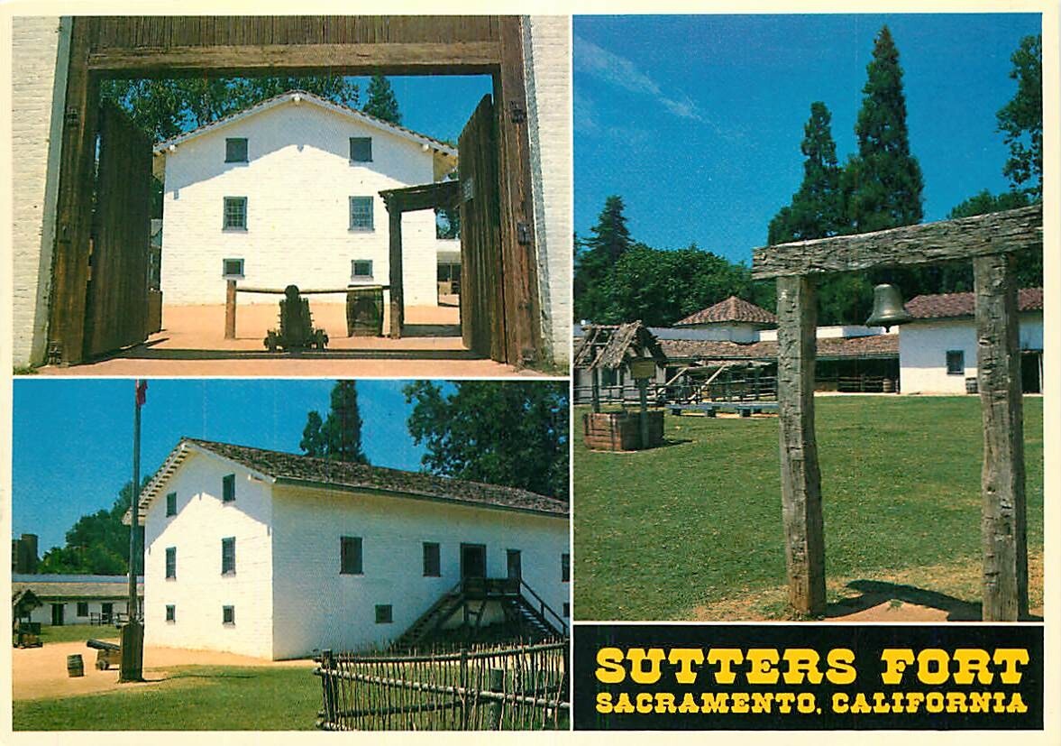 Postcard 3 Views of Sutters Fort, Sacramento, California