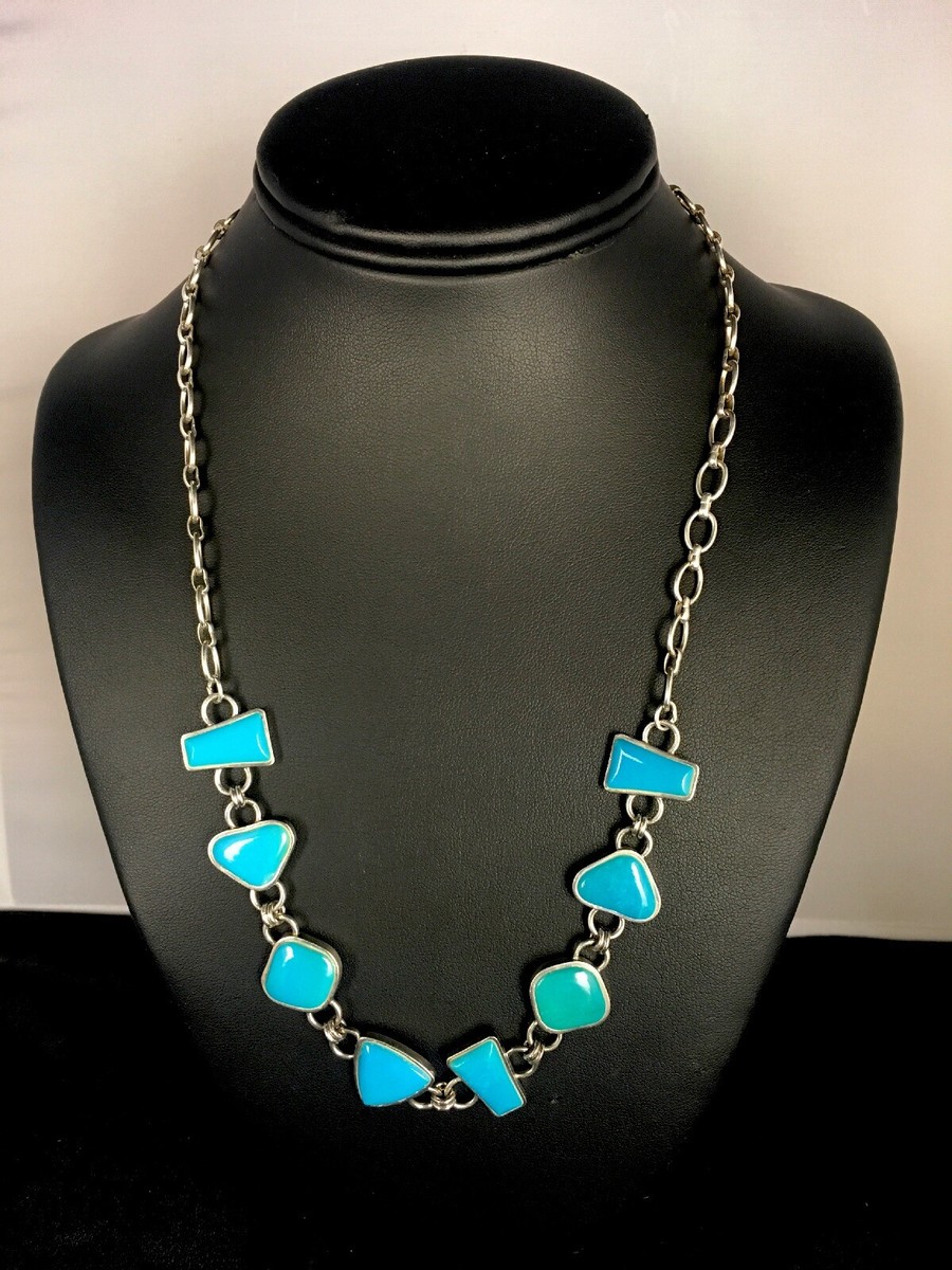 Navajo Sterling Silver Inlay Blue Turquoise Old Pawn Necklace