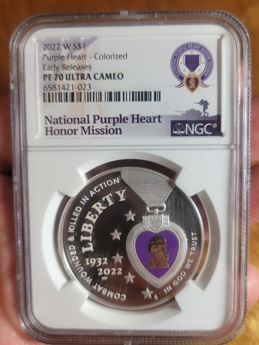 2022 W $1 Silver Proof Purple Heart Hall of Honor Colorized NGC PF70 UCAM Early+ - Picture 5 of 5