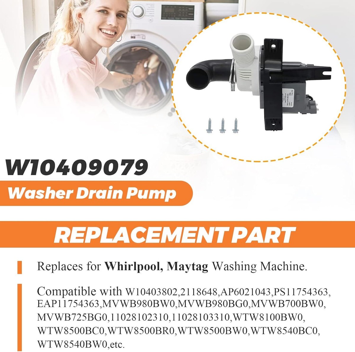 Washer Water Drain Pump For Whirlpool, 12 X 10 X 4 In - Foto 2