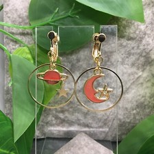 2  Gold-tone Earring Set Clip-On Non-Pierced Pink Sun Moon Stars New 6073