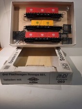 M+D 069 , 3xStück Flachwagen Rmmps 661 mit Euro Planen , in OVP, Spur H0 
