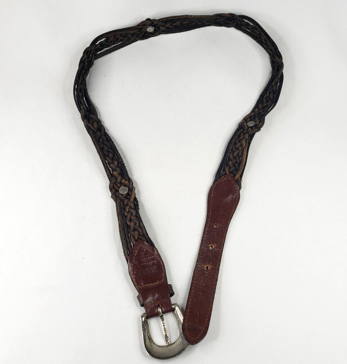 Vintage Brown Braided Leather Belt Ornate Solid Brass Flower Buckle 36 Large Women main image 4