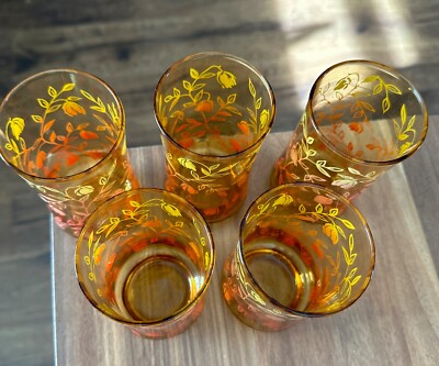 Drinking Glasses Tumblers Amber Floral Ombré Vintage MCM Drinking Glasses Tumblers Amber Floral Ombré Vintage MCM