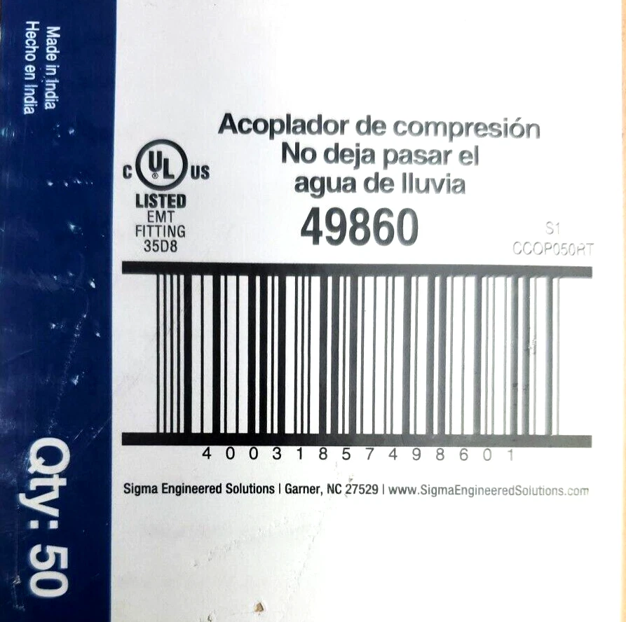Estuche de 50, Sigma Electric 49860 EMT Acoplamiento de compresión hermético a la lluvia 1/2 diámetro en Foto 2 de 4