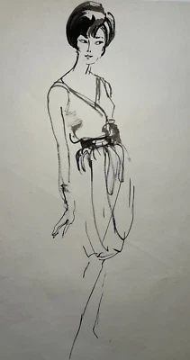 Elegante Robe Femme DESSIN ORIGINAL Mode DENISE AROKAS 44x28cm XX° - Photo 1/2