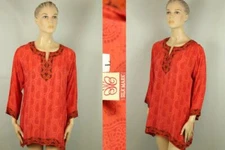 SILK MARK Red Paisley Pure Silk Ethnic Saree Kurta Tunic Top Shift Mini Dress L