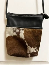 ILI New York Black Leather Brown White Cowhide Zip Top Crossbody Bag Purse