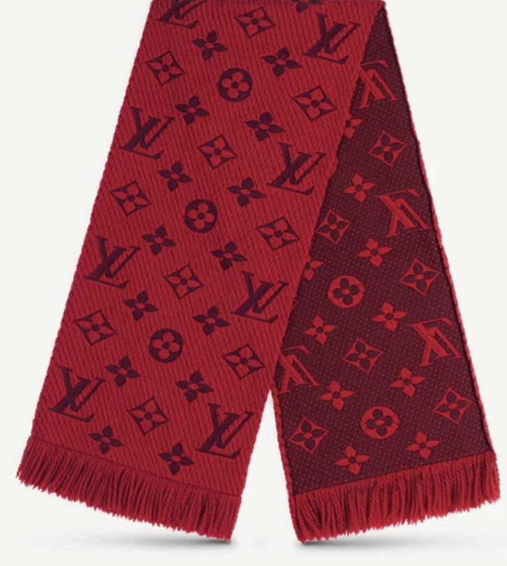 Authentic Louis Vuitton Logo Mania Red Scarf Wool Silk Preloved