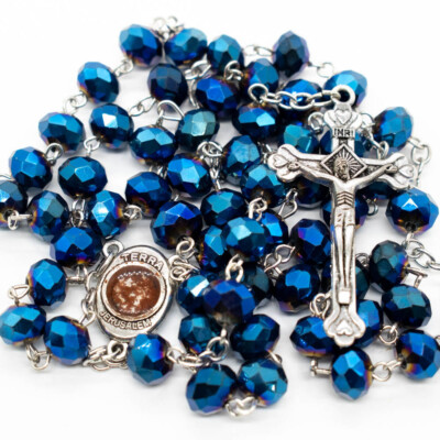 Deep Blue Crystal Beads Rosary Necklace Catholic Holy Center & Cross Crucifix