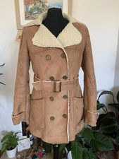 Zara TRF Brown Faux Suede Shearling Belted Jacket Coat Double Breasted - Medium