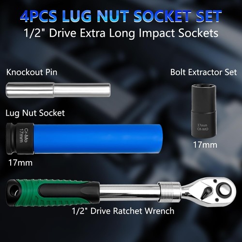 4Pcs Extra Long 1/2" Drive Thin Wall Wheel Lug Nut Deep Impact Socket 17MM - Picture 2 of 7