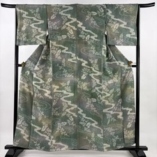 JAPANESE KIMONO FINE PATTERN GRAY-GREEN 158cm 5 ft 2 in PURE SILK B1308