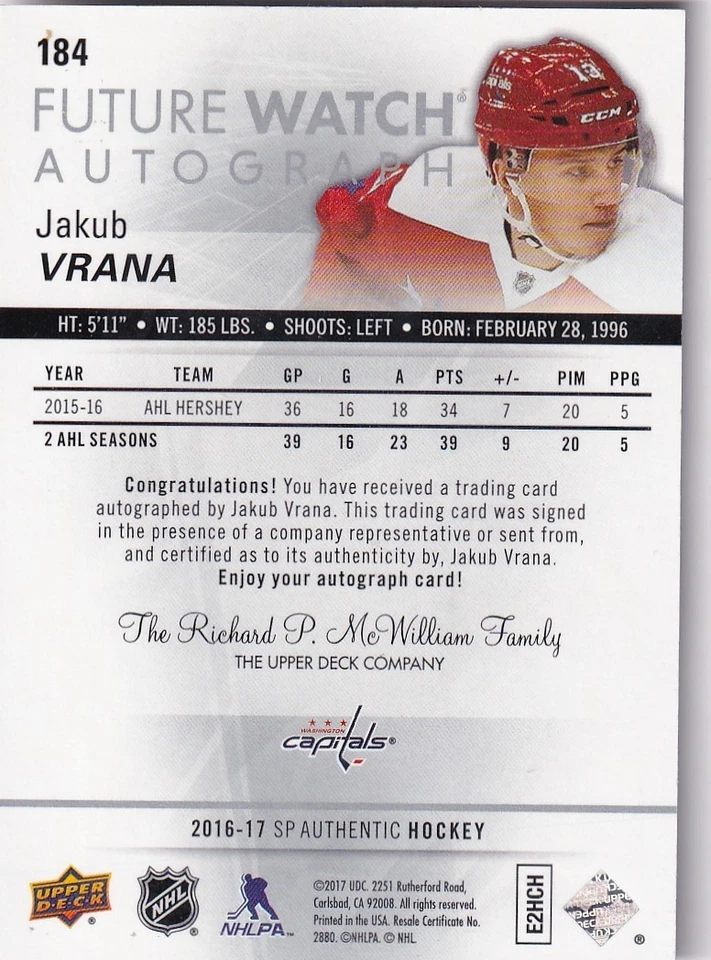 2016-17 SP Authentic #184 Jakub Vrana Future Watch AUTO RC 728/999 - Image 2 of 2