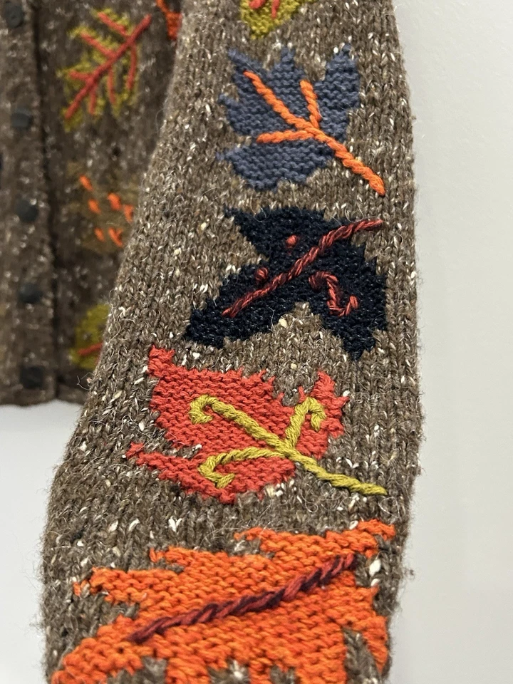 Cardigã suéter feminino vintage Sigrid Olsen tricotado à mão folhas de outono seda mohair M - Imagem 3 de 4