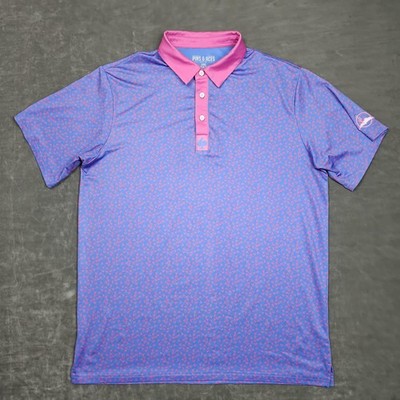 Pins & Aces Polo Shirt Mens Large Blue Pink Flamingo Print Golf Performance