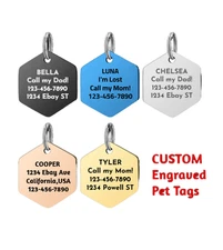 Engraved Pet ID Tag  Stainless Steel Hex Shape Double‑Sided Dog Cat  PET TAGS