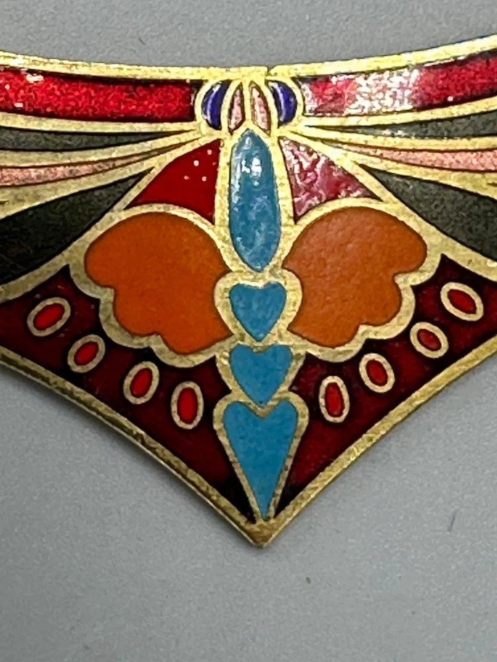 Vintage Art Nouveau Cloisonné Enamel Butterfly Bib Necklace - Red Braided Rope - Image 3 of 4