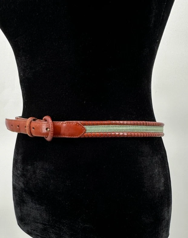 Talbots Womens Green Cotton Fabric Genuine Brown Braided Leather Belt Size Large - Image 3 of 4