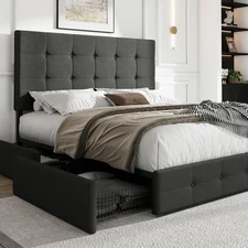 Upholstered Full Size Platform Bed Frame with 4 Storage Drawers, Adjustable H...