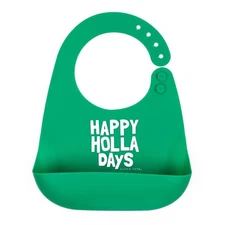 Bella Tunno Tots Silicone Feeding Bib Pocket Xmas Holiday Green Happy Holla Days